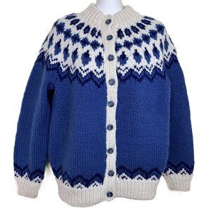 Vintage Hand Knit Fair Isle Cardigan Sweater Blue/Cream Acrylic Women's Medium